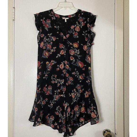 JOIE Silk V neck ruffle mini floral black tunic dress size Small - Picture 1 of 5